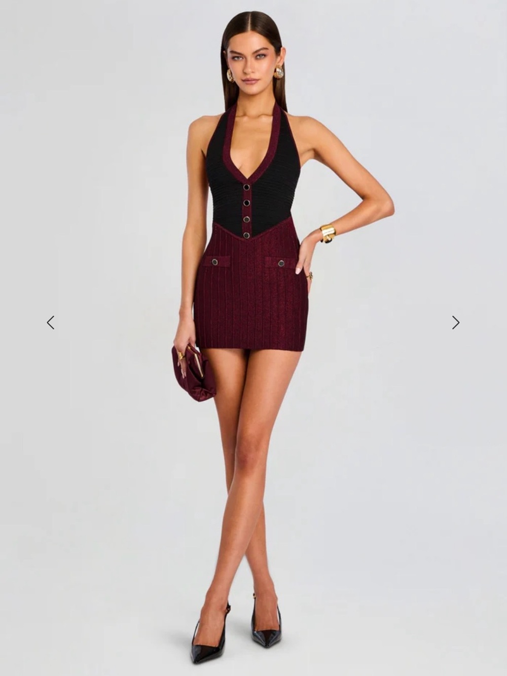 Retrofete Eris Metallic Knit Dress Black Burgundy Halter Mini Bodycon NWOT XS